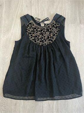 Anthro Black Embroidered Yoke Sleeveless Blouse